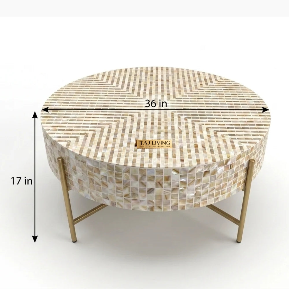 Mother of Pearl Inlay Round Coffee Table, Luxury Handmade Mosaic Coffee Table