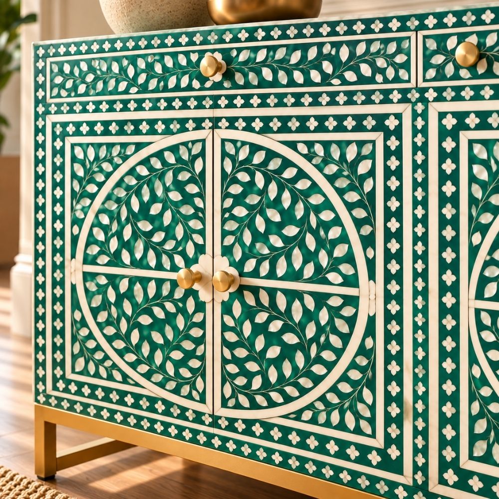 Leheriya Mother of Pearl Inlay Buffet Cabinet, Sea Green 2 Drawer 4 Door Sideboard