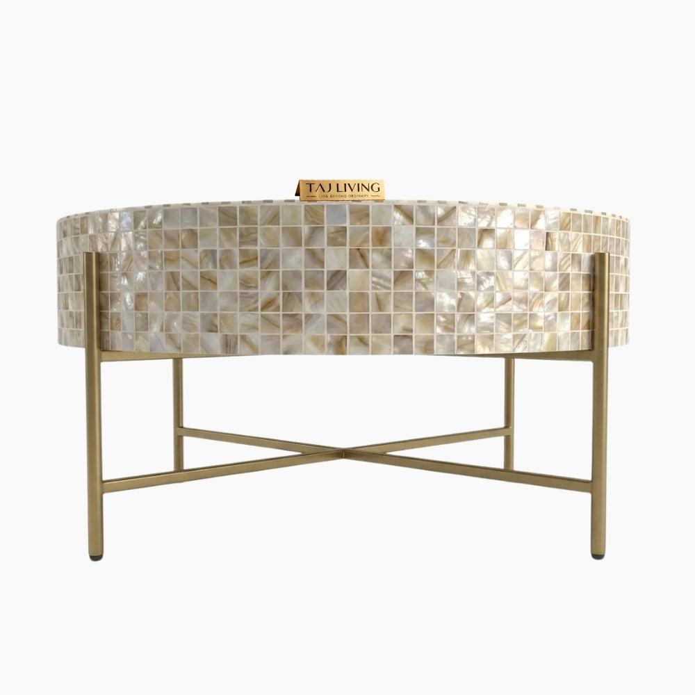 Mother of Pearl Inlay Round Coffee Table, Luxury Handmade Mosaic Coffee Table