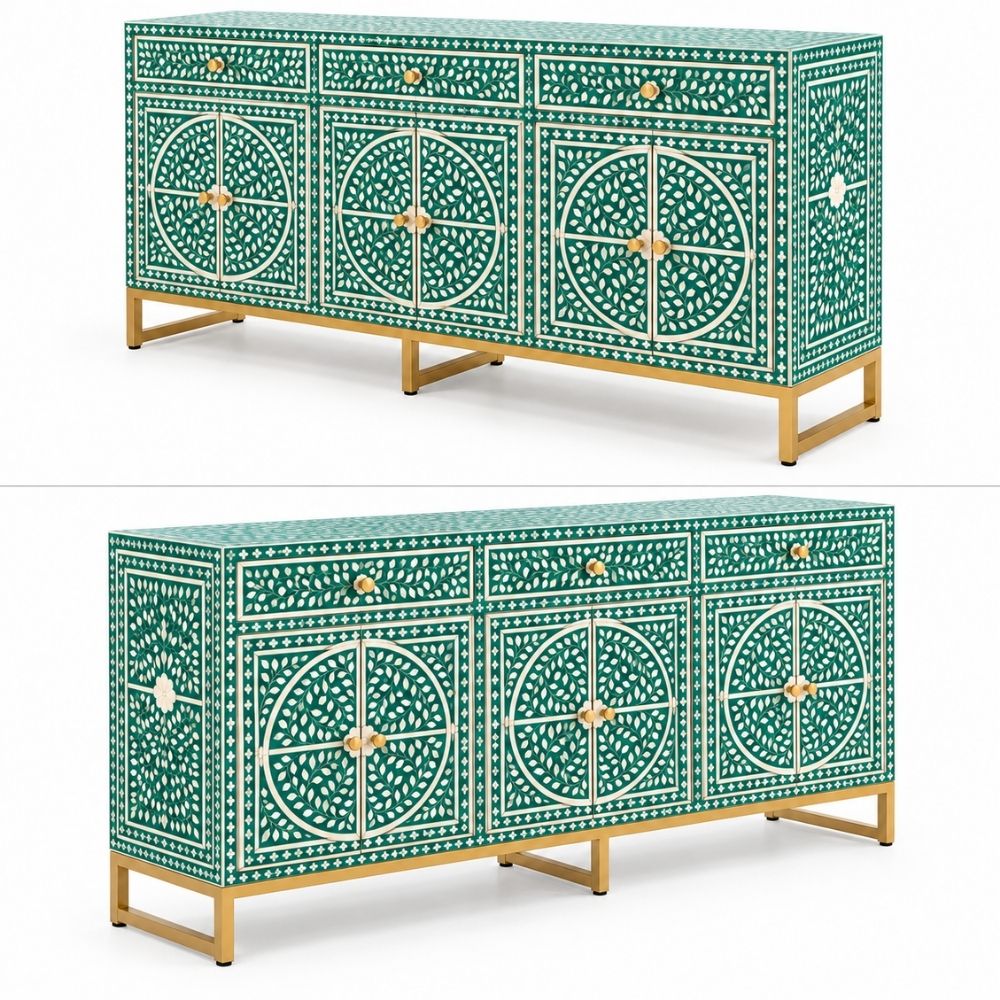 Leheriya Mother of Pearl Inlay Buffet Cabinet, Sea Green 2 Drawer 4 Door Sideboard
