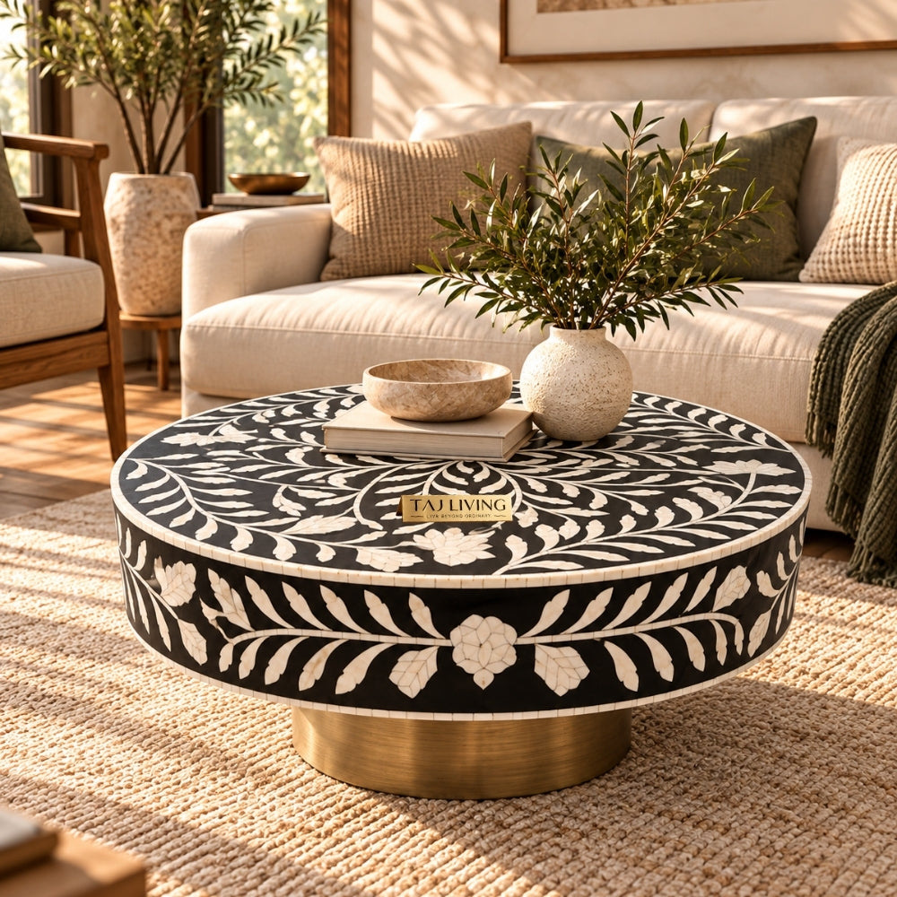 Bone Inlay Black & White Round Coffee Table with Brass Base