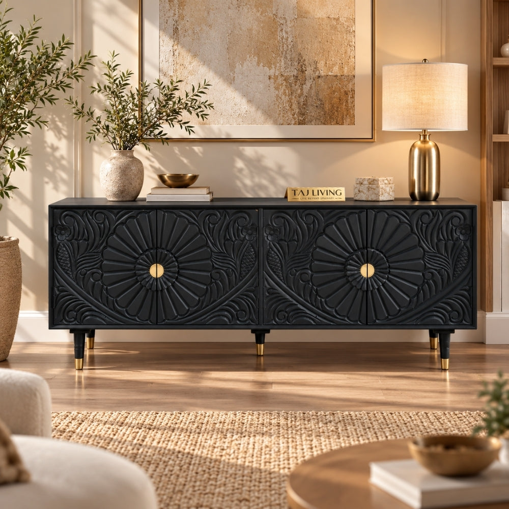 Chhatri Mango Wood Carved TV Unit Black Color