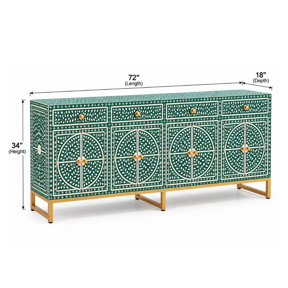 Leheriya Mother of Pearl Inlay Buffet Cabinet, Sea Green 2 Drawer 4 Door Sideboard