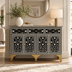 Nakashi Black & White Bone Inlay Buffet Cabinet with 3 Drawers & 4 Doors