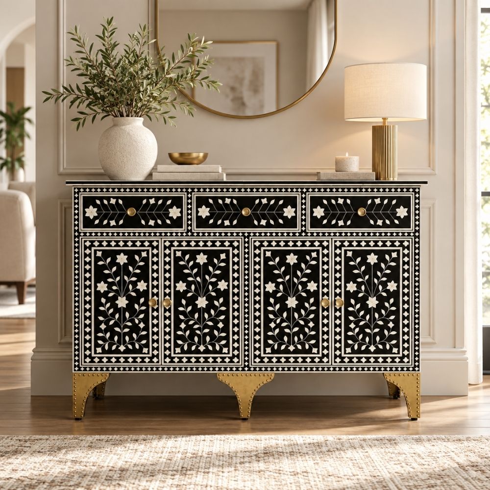 Nakashi Black & White Bone Inlay Buffet Cabinet with 3 Drawers & 4 Doors