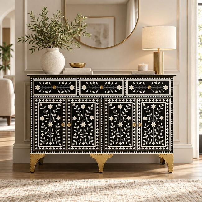 Nakashi Black & White Bone Inlay Buffet Cabinet with 3 Drawers & 4 Doors Hover Image