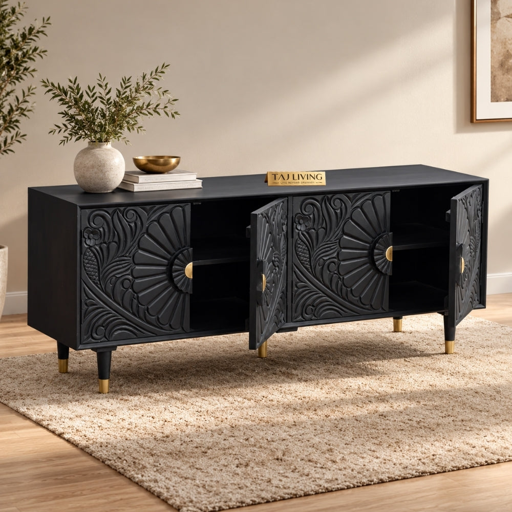 Chhatri Mango Wood Carved TV Unit Black Color