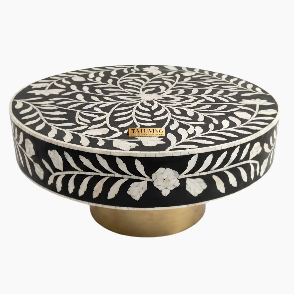 Bone Inlay Black & White Round Coffee Table with Brass Base