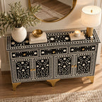 Nakashi Black & White Bone Inlay Buffet Cabinet with 3 Drawers & 4 Doors