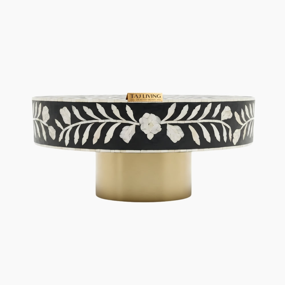 Bone Inlay Black & White Round Coffee Table with Brass Base