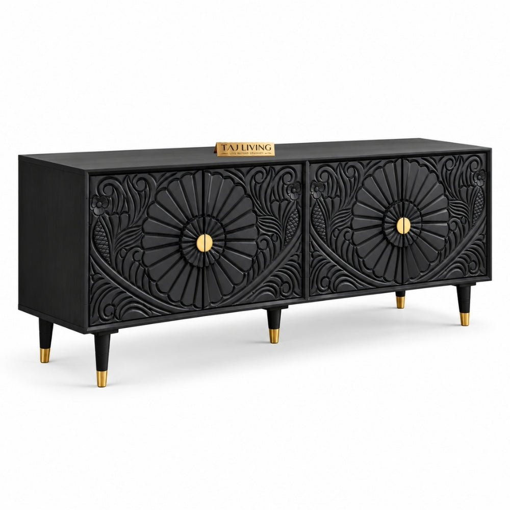 Chhatri Mango Wood Carved TV Unit Black Color
