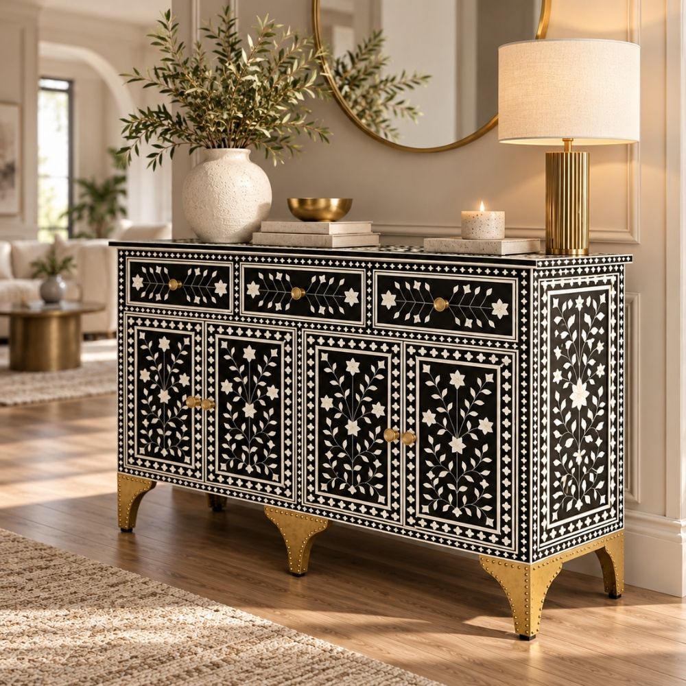 Nakashi Black & White Bone Inlay Buffet Cabinet with 3 Drawers & 4 Doors