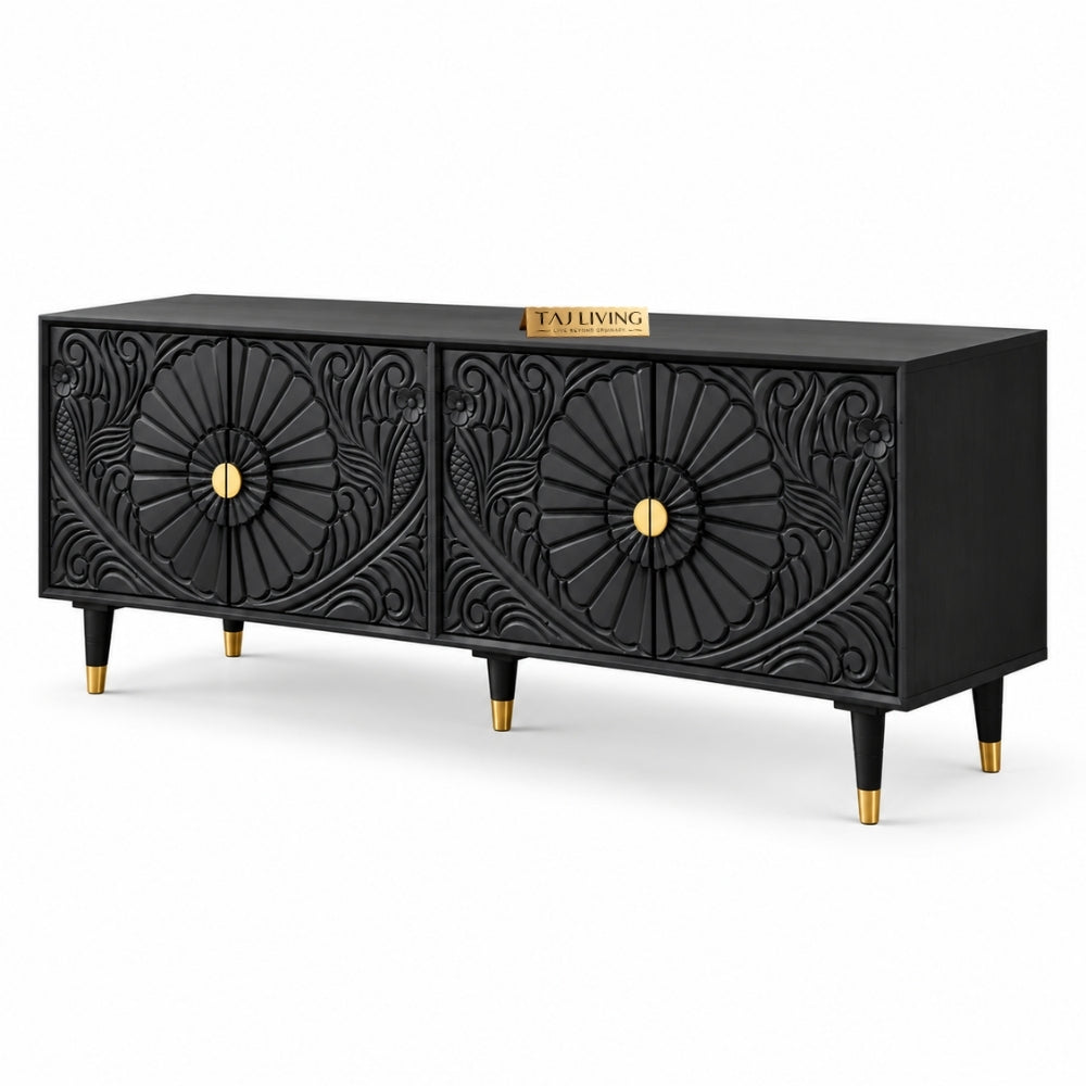 Chhatri Mango Wood Carved TV Unit Black Color