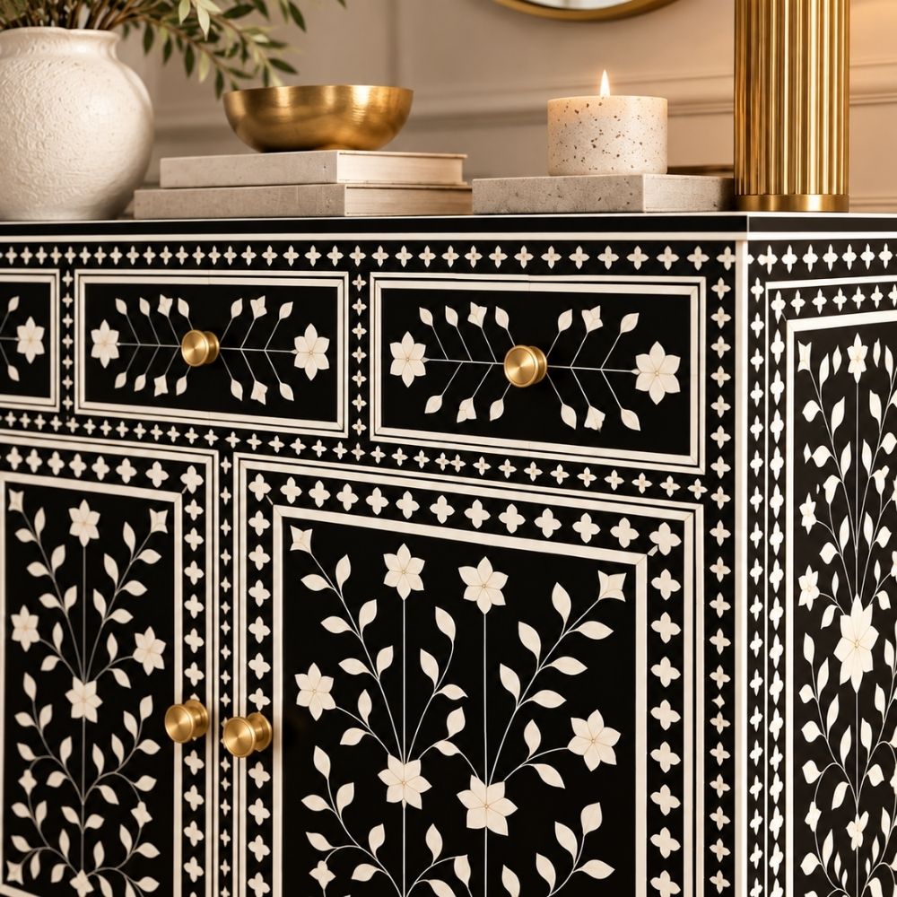 Nakashi Black & White Bone Inlay Buffet Cabinet with 3 Drawers & 4 Doors