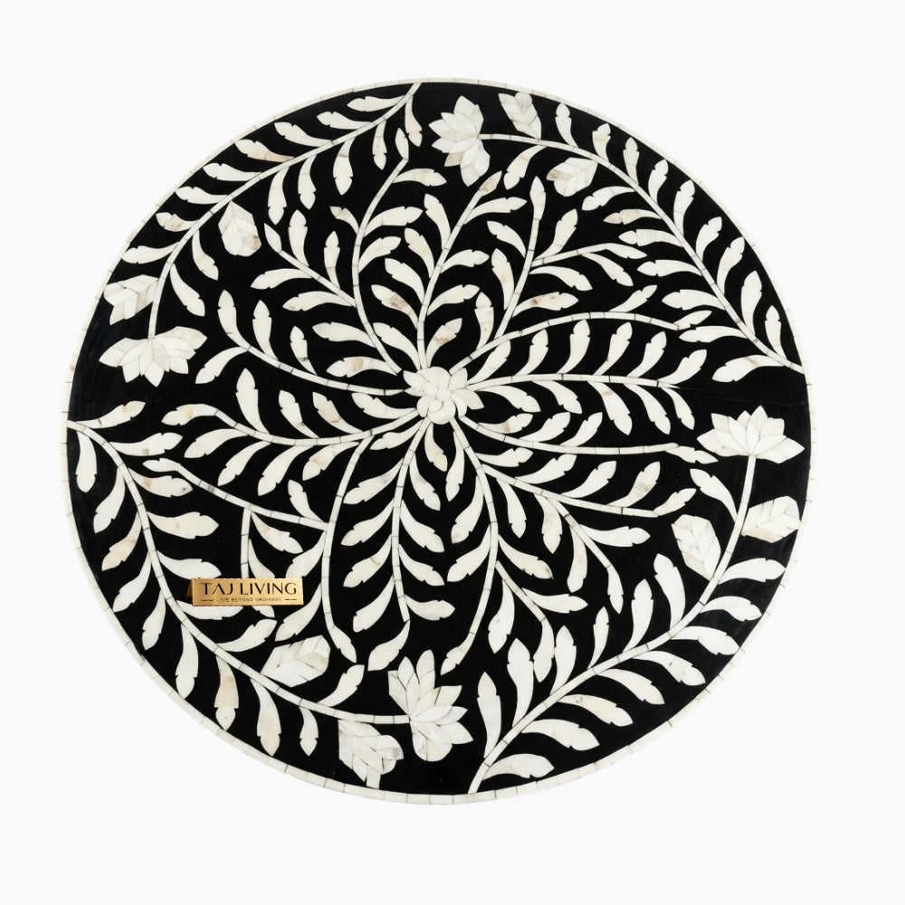 Bone Inlay Black & White Round Coffee Table with Brass Base