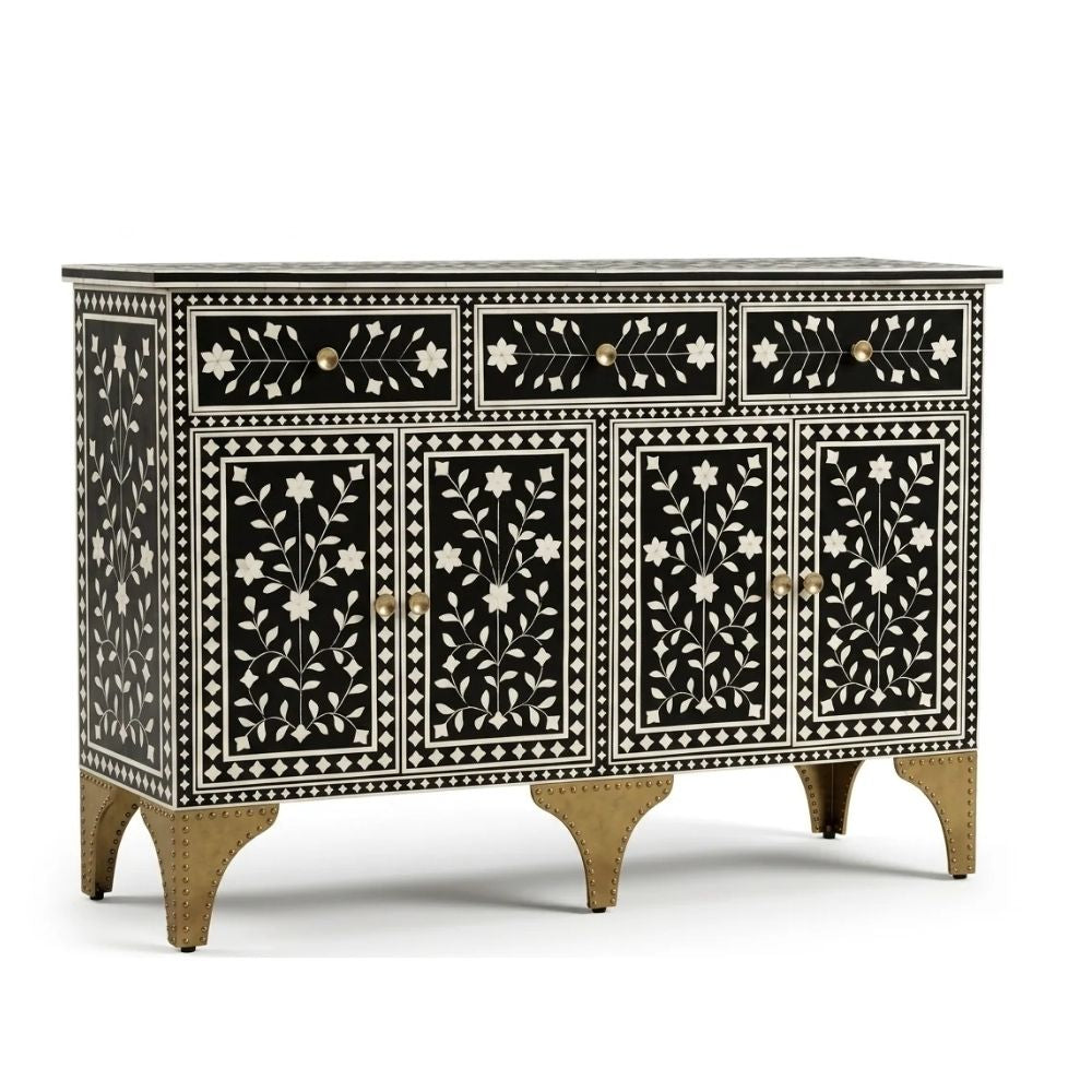 Nakashi Black & White Bone Inlay Buffet Cabinet with 3 Drawers & 4 Doors