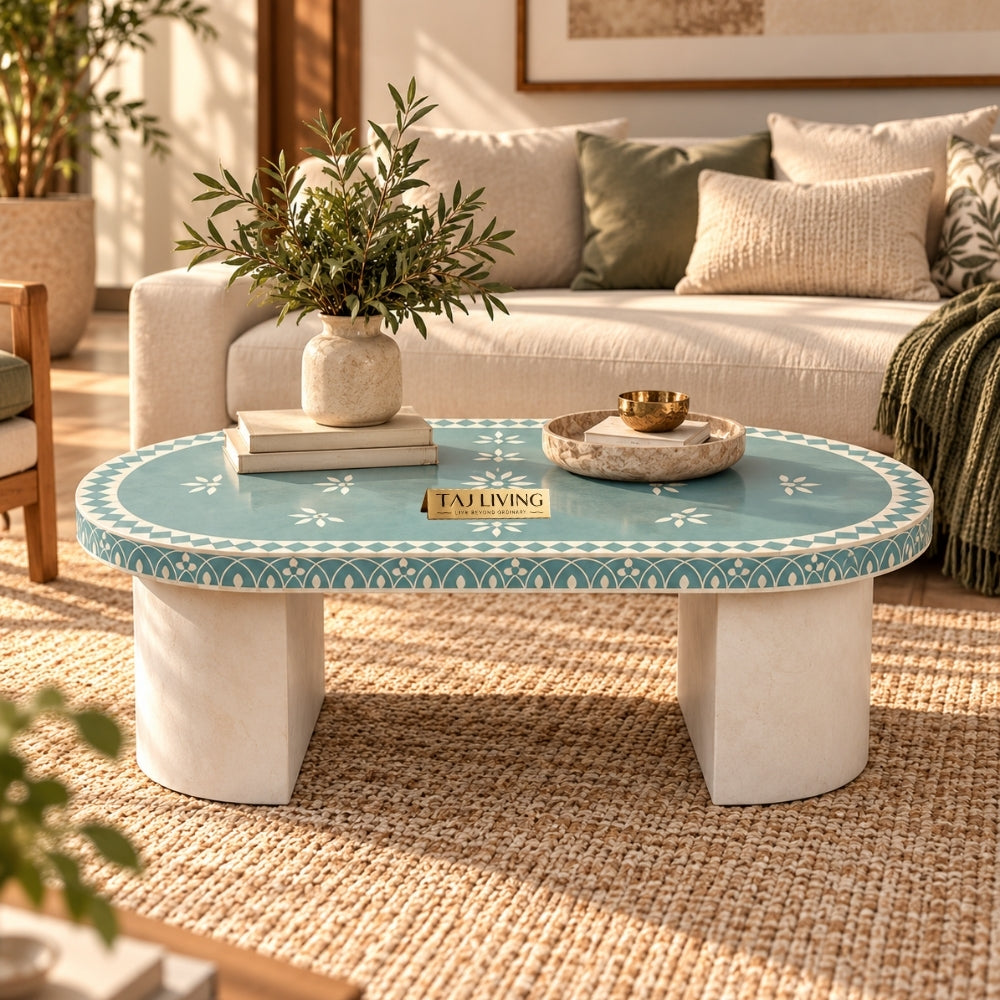 Light Blue Bone Inlay Oval Coffee Table with White Base