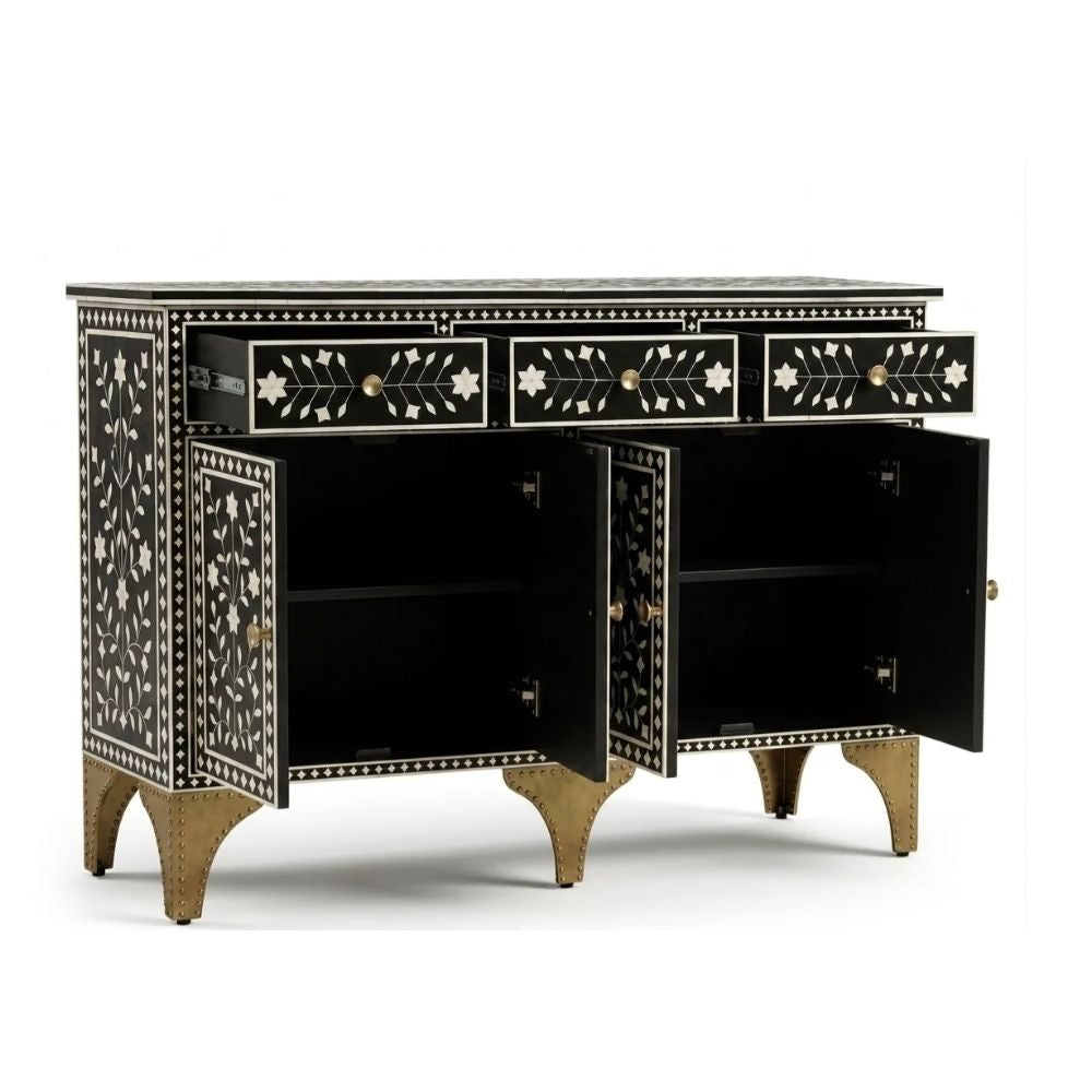 Nakashi Black & White Bone Inlay Buffet Cabinet with 3 Drawers & 4 Doors