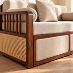 Vaastu 3-Seater Teak Wood Sofa Cum Bed in Premium Upholstery with Cane Weaving & Brass Accents
