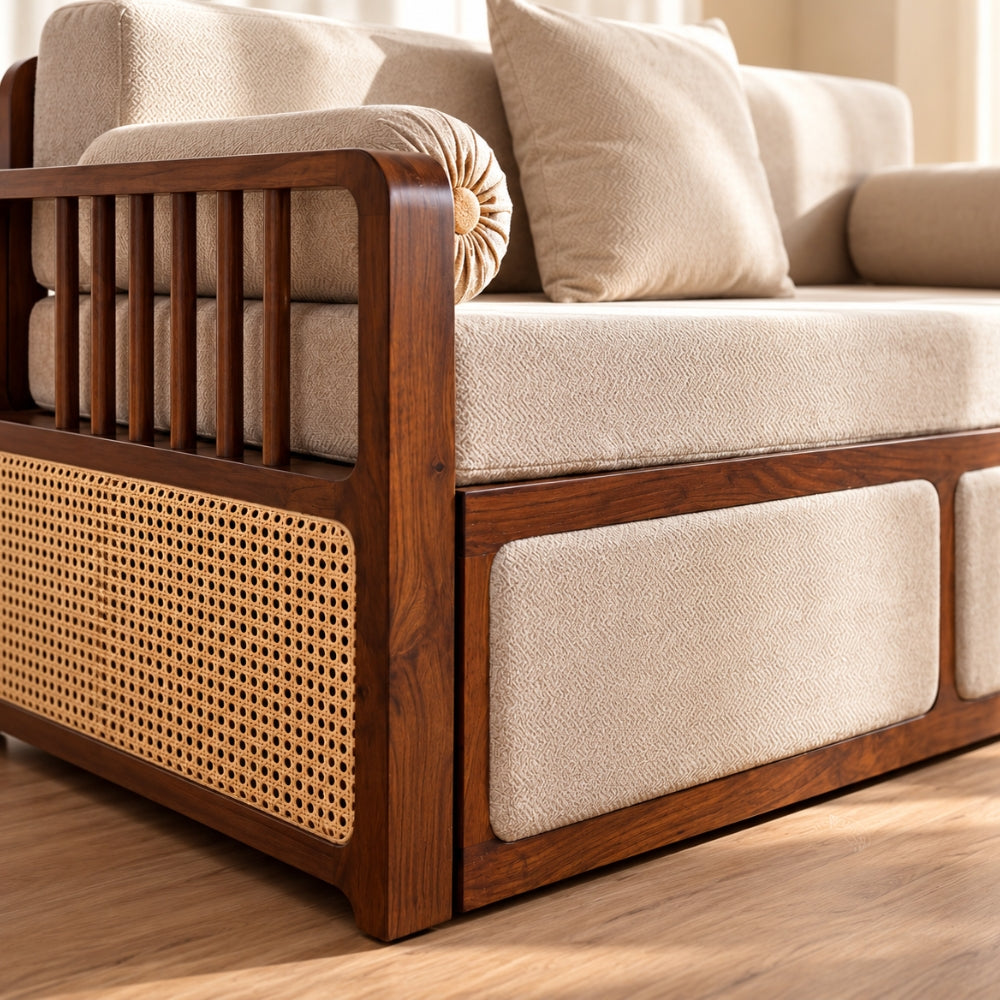 Vaastu 3-Seater Teak Wood Sofa Cum Bed in Premium Upholstery with Cane Weaving & Brass Accents