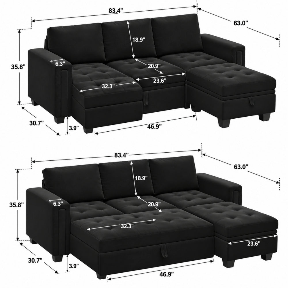 3-Seater Pull-Out Sofa Cum Bed with Storage Velvet Ottoman