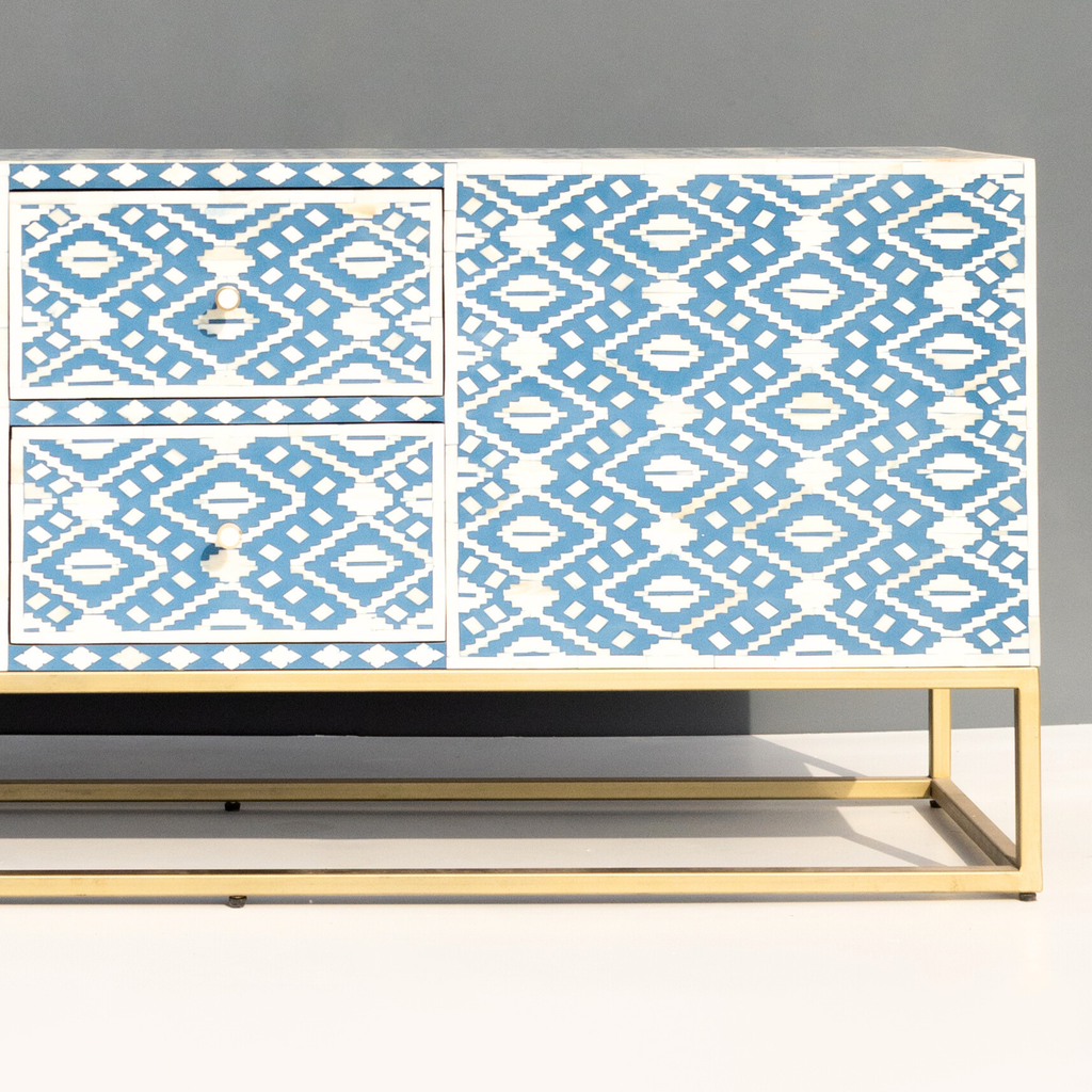 Bone Inlay TV Unit 2 Central Drawers with 2 Side Cabinets Metal Base