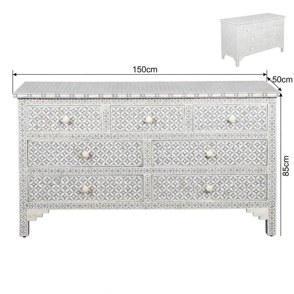 Rajmahal Bone Inlay 7 Drawer Chest of Drawers - Grey Geometric