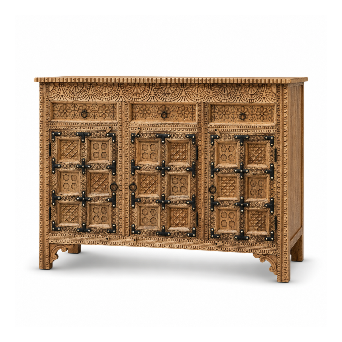 Royal Carved Solid Mango Wood Sideboard Storage Cabinet