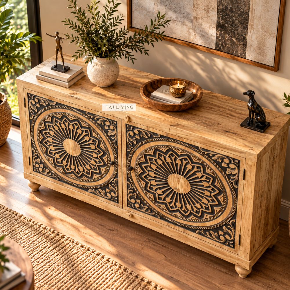 Handcrafted Solid Wood Sideboard Cabinet with Mandala Carved Doors