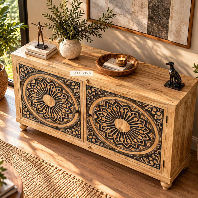 Handcrafted Solid Wood Sideboard Cabinet with Mandala Carved Doors Main Image