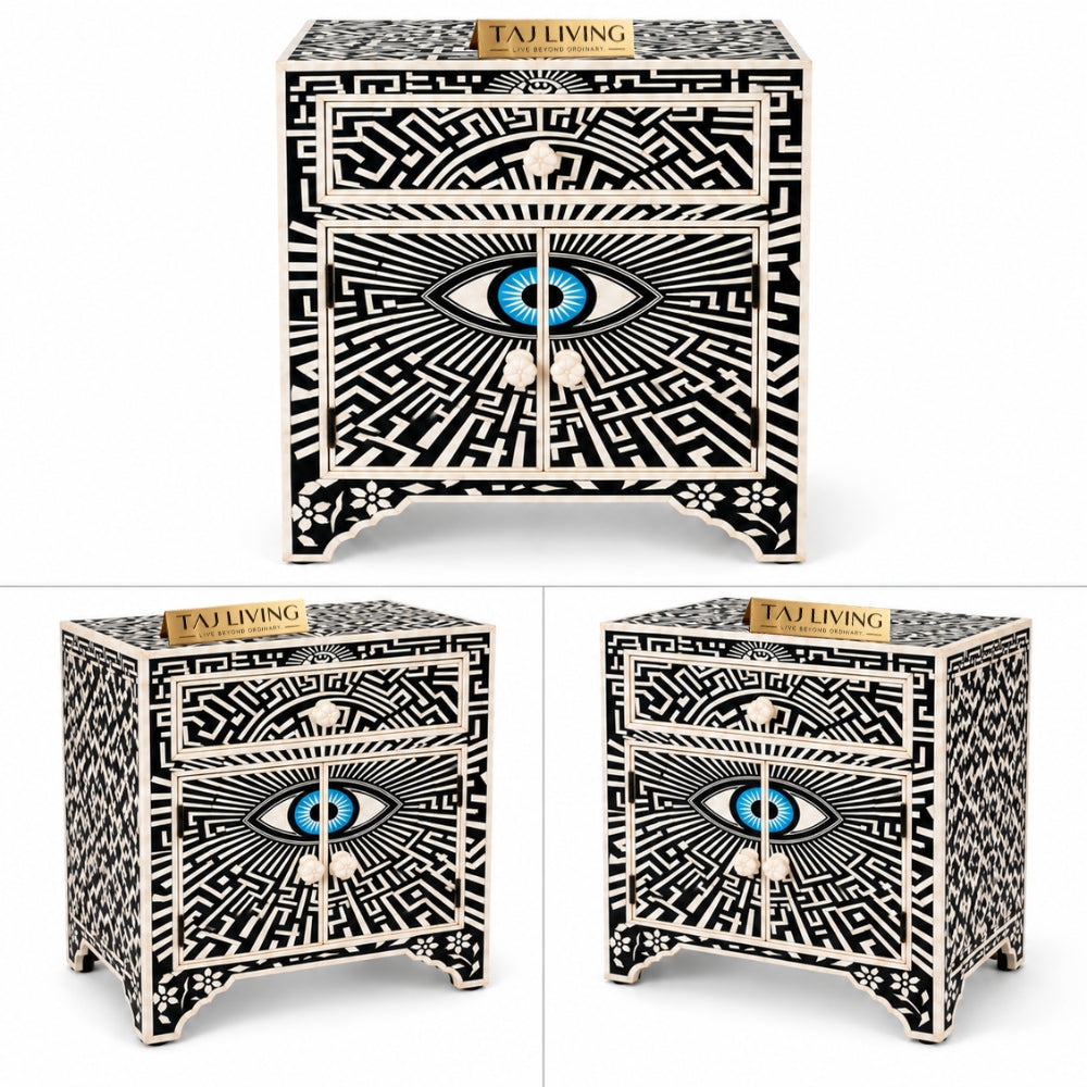 Kashvi Handmade Bone Inlay Nightstand | Black Floral Round Bedside Table