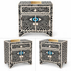 Kashvi Handmade Bone Inlay Nightstand | Black Floral Round Bedside Table