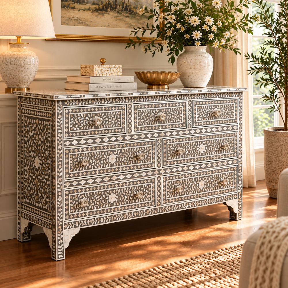 Charbagh Grey & White Floral Mother of Pearl Sideboard – Handcrafted 7-Drawer Cabinet