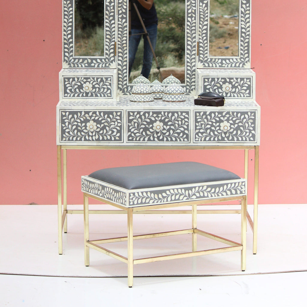 Mandvi Bone Inly Dressing Table with Seating Stool