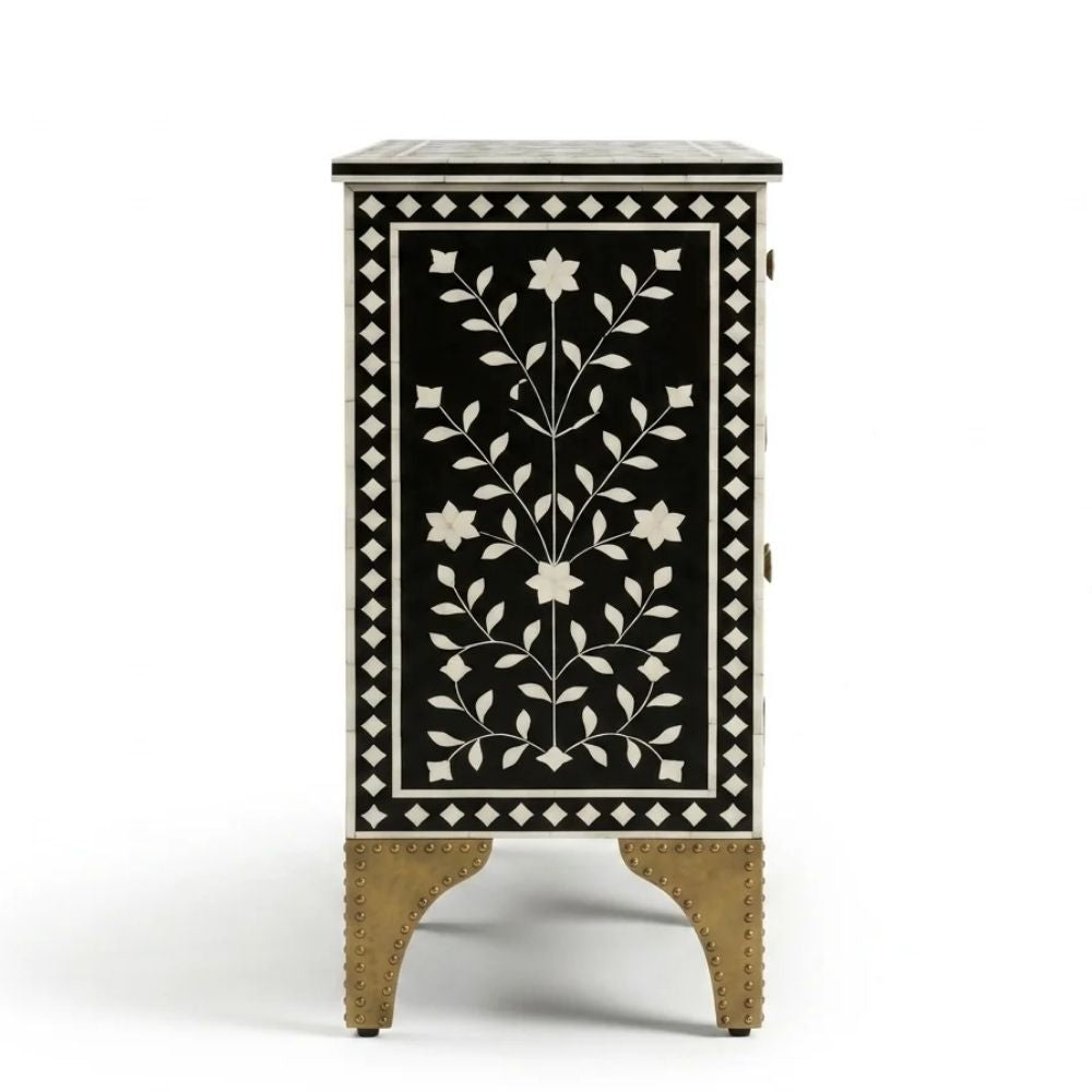 Nakashi Black & White Bone Inlay Buffet Cabinet with 3 Drawers & 4 Doors