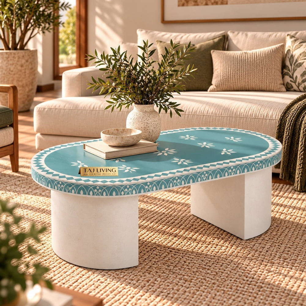 Light Blue Bone Inlay Oval Coffee Table with White Base