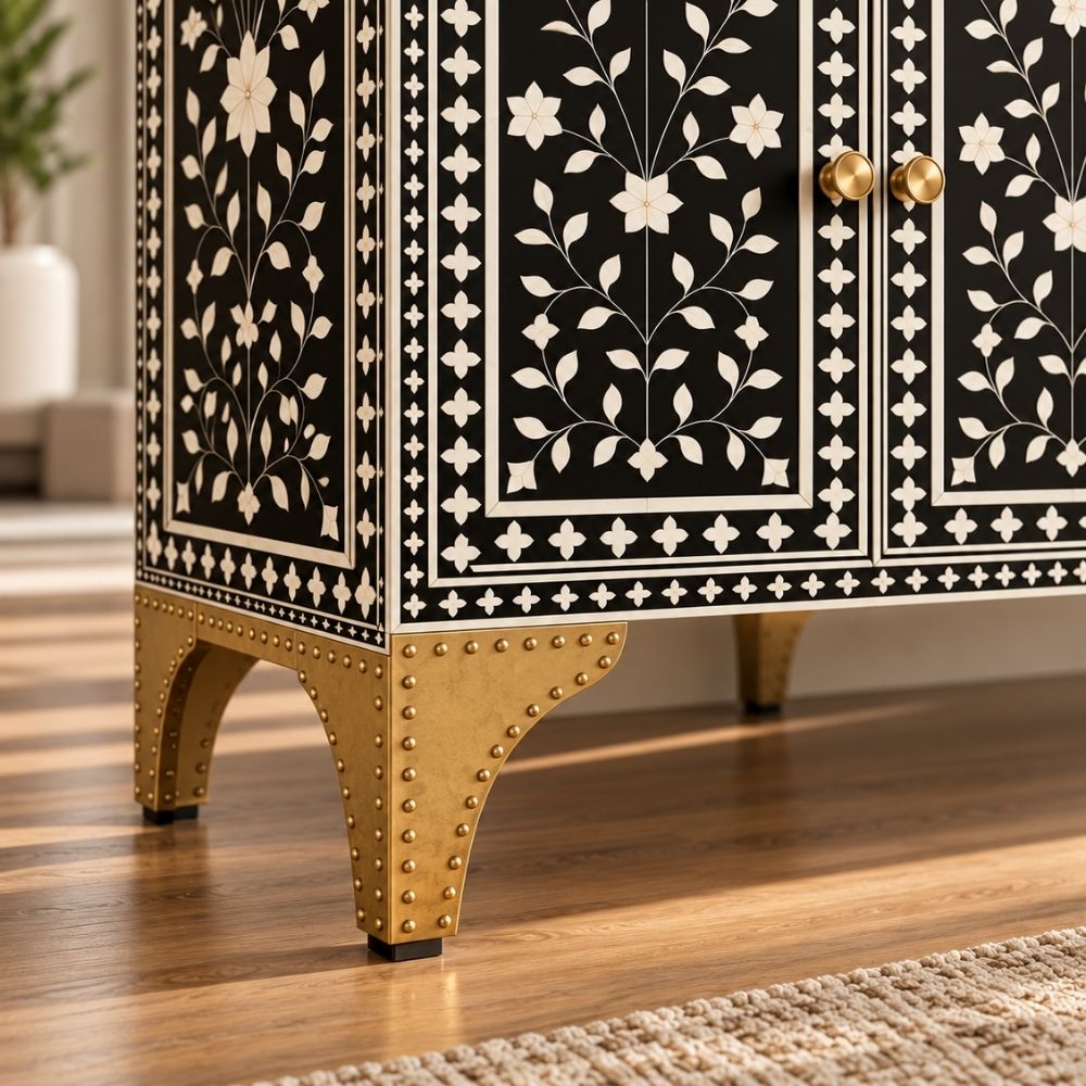 Nakashi Black & White Bone Inlay Buffet Cabinet with 3 Drawers & 4 Doors