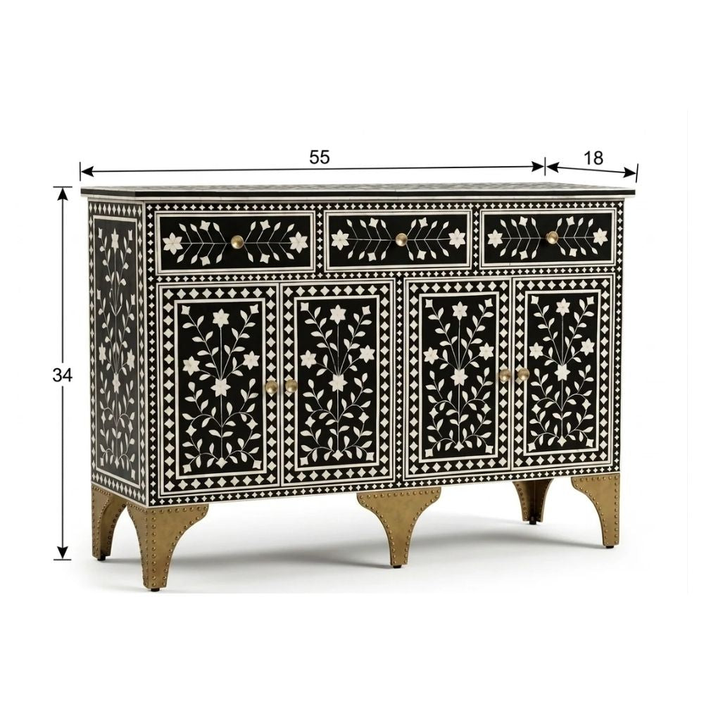 Nakashi Black & White Bone Inlay Buffet Cabinet with 3 Drawers & 4 Doors