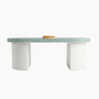 Light Blue Bone Inlay Oval Coffee Table with White Base