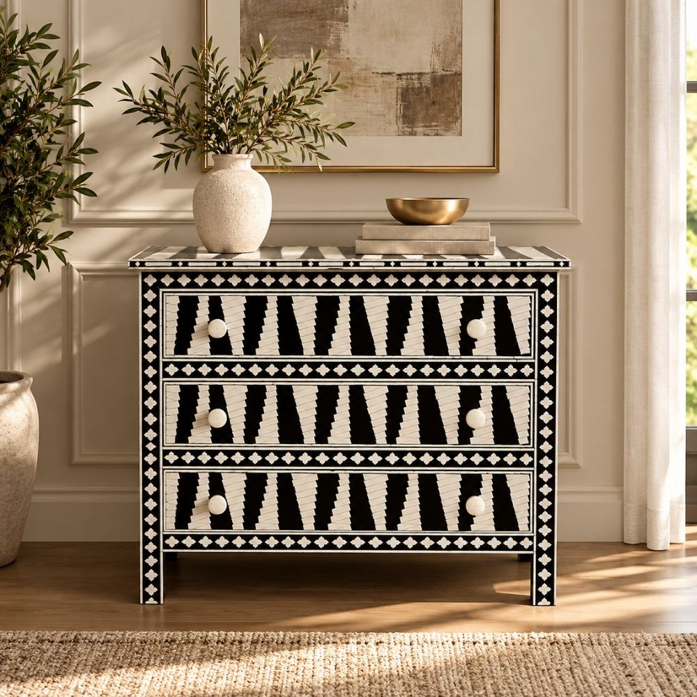 Rajvansh Black Bone Inlay 3 Drawer Chest of Drawers