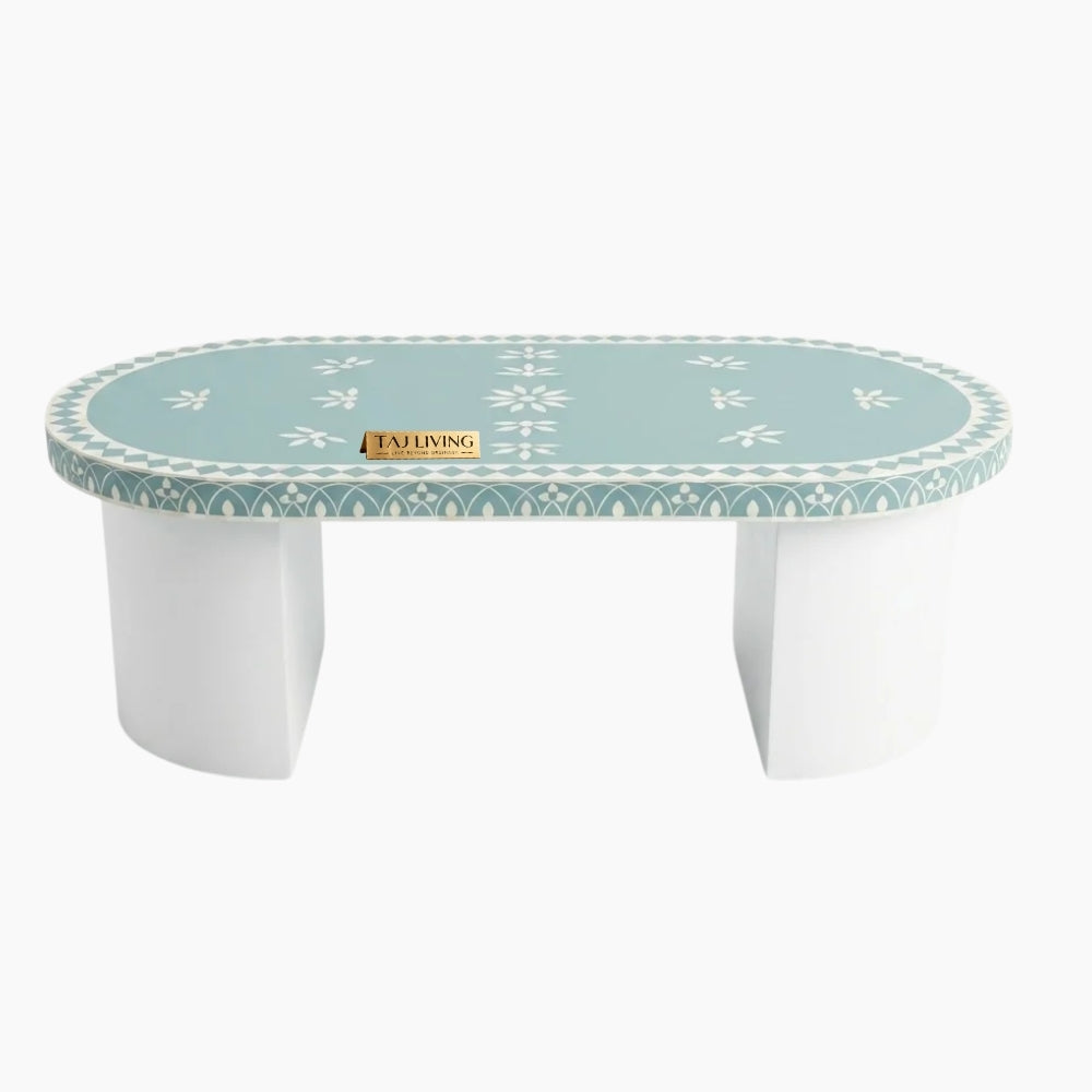 Light Blue Bone Inlay Oval Coffee Table with White Base