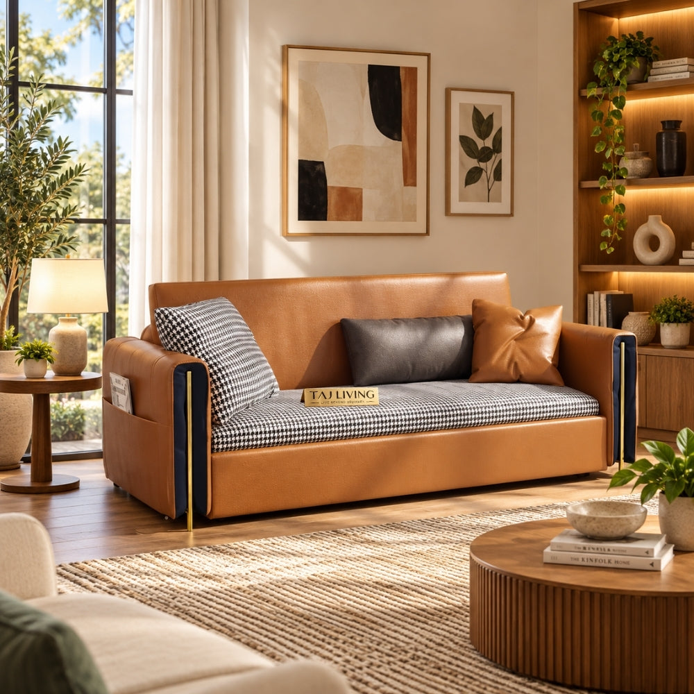 Upholstered Sofa Cum Bed with Storage – Modern Tan Brown / Cognac Convertible Sofa Bed