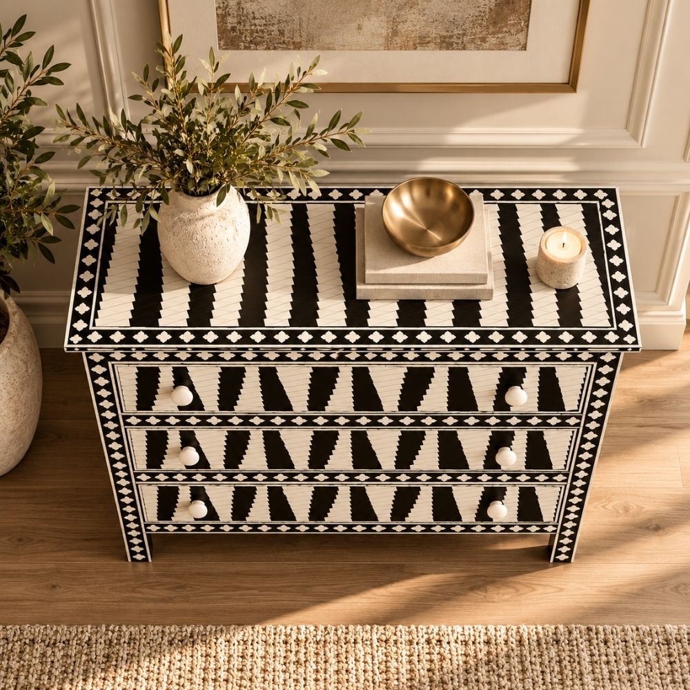 Rajvansh Black Bone Inlay 3 Drawer Chest of Drawers