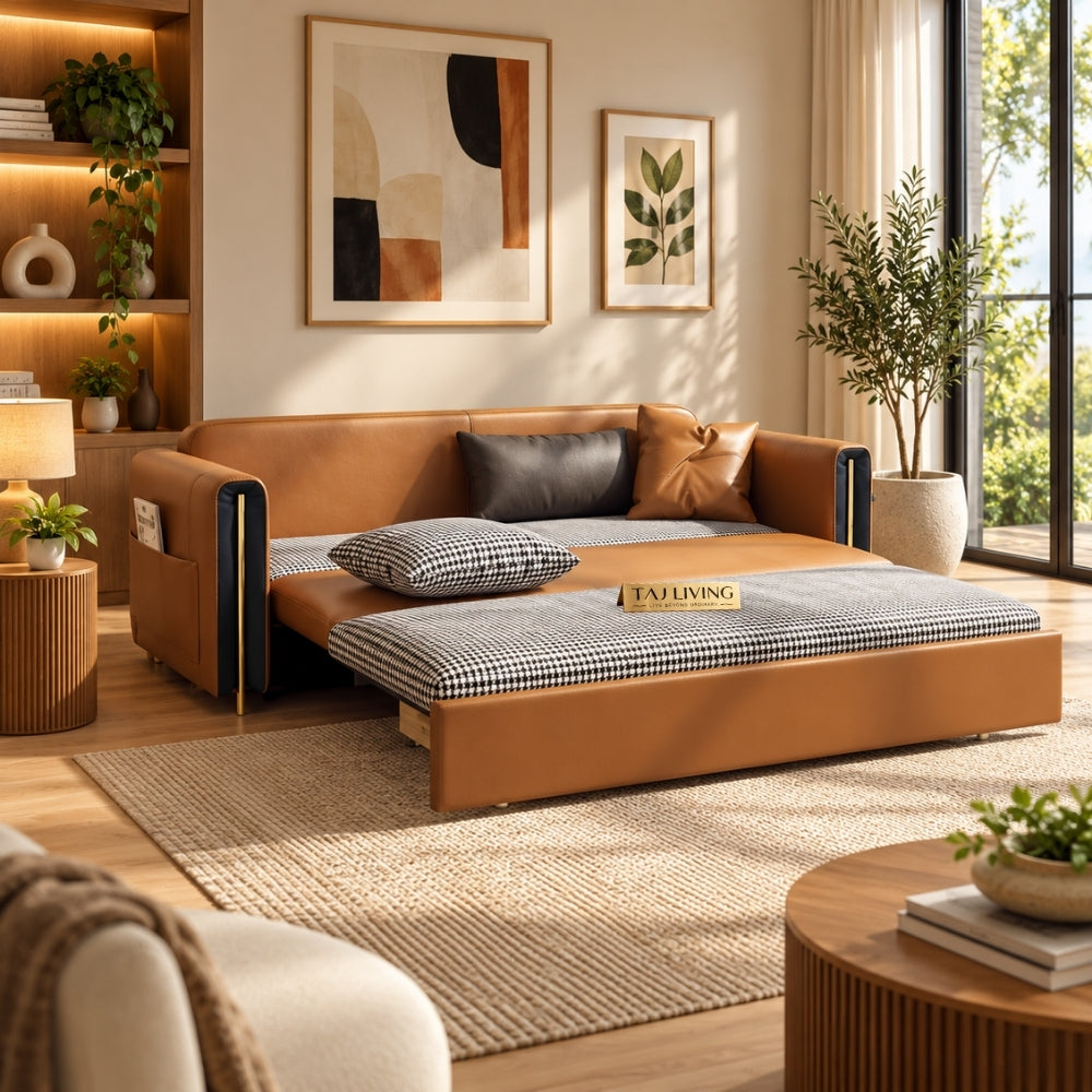 Upholstered Sofa Cum Bed with Storage – Modern Tan Brown / Cognac Convertible Sofa Bed