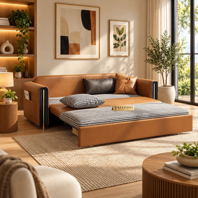Upholstered Sofa Cum Bed with Storage – Modern Tan Brown / Cognac Convertible Sofa Bed Main Image