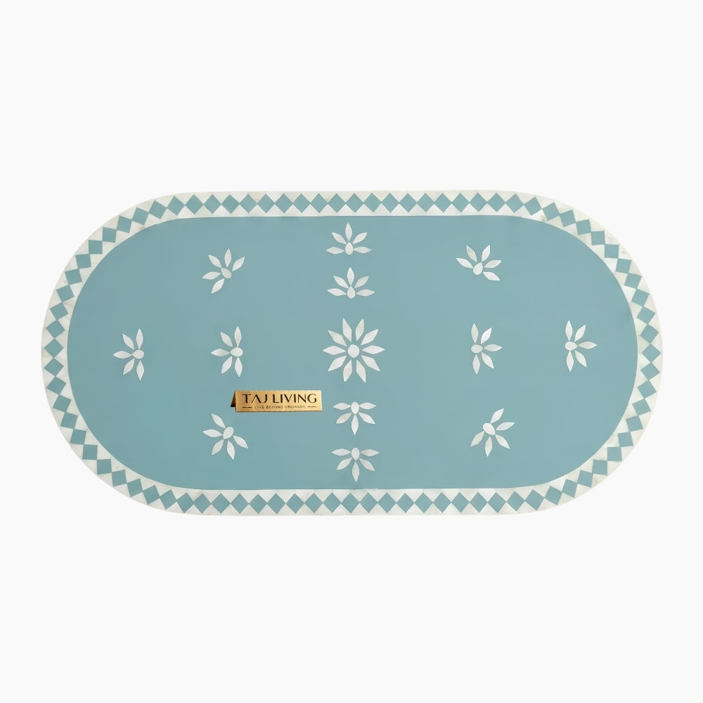 Light Blue Bone Inlay Oval Coffee Table with White Base