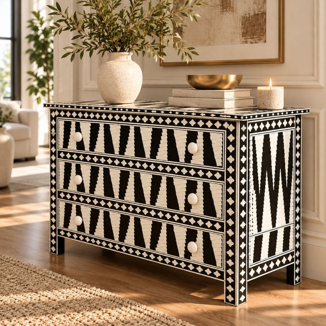 Rajvansh Black Bone Inlay 3 Drawer Chest of Drawers Main Image