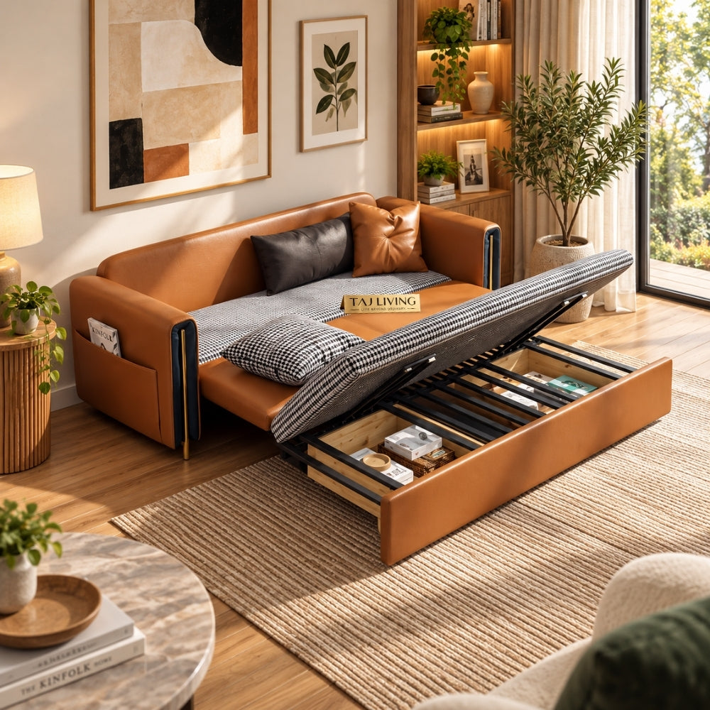 Upholstered Sofa Cum Bed with Storage – Modern Tan Brown / Cognac Convertible Sofa Bed