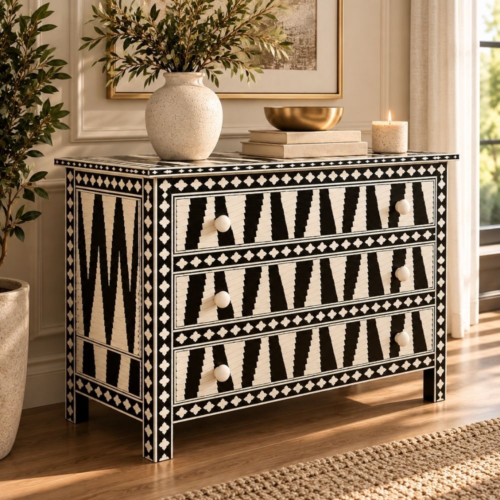 Rajvansh Black Bone Inlay 3 Drawer Chest of Drawers