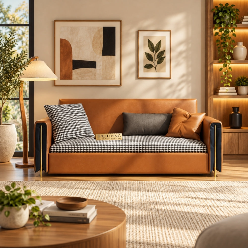 Upholstered Sofa Cum Bed with Storage – Modern Tan Brown / Cognac Convertible Sofa Bed